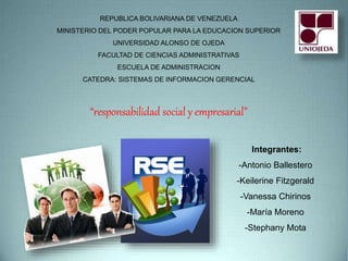 REPUBLICA BOLIVARIANA DE VENEZUELA
MINISTERIO DEL PODER POPULAR PARA LA EDUCACION SUPERIOR
UNIVERSIDAD ALONSO DE OJEDA
FACULTAD DE CIENCIAS ADMINISTRATIVAS
ESCUELA DE ADMINISTRACION
CATEDRA: SISTEMAS DE INFORMACION GERENCIAL
“responsabilidad social y empresarial”
Integrantes:
-Antonio Ballestero
-Keilerine Fitzgerald
-Vanessa Chirinos
-María Moreno
-Stephany Mota
 