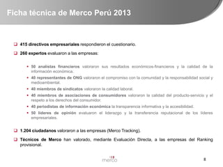Ficha técnica de Merco Perú 2013

 415 directivos empresariales respondieron el cuestionario.
 260 expertos evaluaron a las empresas:
 50 analistas financieros valoraron sus resultados económicos-financieros y la calidad de la
información económica.
 40 representantes de ONG valoraron el compromiso con la comunidad y la responsabilidad social y
medioambiental.
 40 miembros de sindicatos valoraron la calidad laboral.
 40 miembros de asociaciones de consumidores valoraron la calidad del producto-servicio y el
respeto a los derechos del consumidor.
 40 periodistas de información económica la transparencia informativa y la accesibilidad.
 50 líderes de opinión evaluaron el liderazgo y la transferencia reputacional de los líderes
empresariales.

 1.204 ciudadanos valoraron a las empresas (Merco Tracking).
 Técnicos de Merco han valorado, mediante Evaluación Directa, a las empresas del Ranking
provisional.
8

 