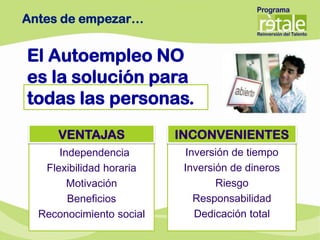 Antes de empezar…


El Autoempleo NO
es la solución para
todas las personas.
     VENTAJAS             INCONVENIENTES
      Independencia         Inversión de tiempo
   Flexibilidad horaria    Inversión de dineros
        Motivación                Riesgo
        Beneficios            Responsabilidad
  Reconocimiento social       Dedicación total
 