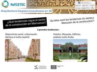 Arquitectura hispano-musulmana en 3D




                                     2 grandes tendencias:
  Alojamiento social, urbanización                  Hoteles, Mezquita, Edificios
  idéntica al estilo español                        públicos estilo Árabe
 