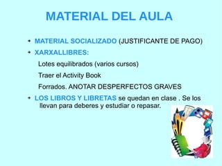 MATERIAL DEL AULA
➔ MATERIAL SOCIALIZADO (JUSTIFICANTE DE PAGO)
➔ XARXALLIBRES:
Lotes equilibrados (varios cursos)
Traer el Activity Book
Forrados. ANOTAR DESPERFECTOS GRAVES
➔ LOS LIBROS Y LIBRETAS se quedan en clase . Se los
llevan para deberes y estudiar o repasar.
 