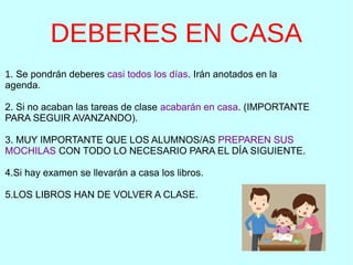 DEBERES EN CASA
1. Se pondrán deberes casi todos los días. Irán anotados en la
agenda.
2. Si no acaban las tareas de clase acabarán en casa. (IMPORTANTE
PARA SEGUIR AVANZANDO).
3. MUY IMPORTANTE QUE LOS ALUMNOS/AS PREPAREN SUS
MOCHILAS CON TODO LO NECESARIO PARA EL DÍA SIGUIENTE.
4.Si hay examen se llevarán a casa los libros.
5.LOS LIBROS HAN DE VOLVER A CLASE.
 