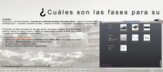 ¿Cuáles                                       son las fases para su
 LECCION 1
 Introducción – Inicio del Programa – Creación de un Elemento de Masa (Conceptual Mass) – Interfaz de Autodesk Revit
 Architecture 2011 – Creando un Elemento de Masa – Creación de Niveles – El Navegador de Proyectos (Project Browser)


 El Elemento de Masa Conceptual se usa para generar volúmenes complejos que posteriormente
 podemos insertar en nuestro Proyecto. También se pueden usar Elementos de Masa para realizar
                                                                                                                                        aprendizaje                            ?
 un estudio volumétrico conceptual de un Proyecto.

 •   Vamos a New Conceptual Mass.
 •   Aparece un cuadro, seleccionamos la Plantilla llamada Metric Mass. Esta plantilla nos servirá
     para crear un Elemento de Masa usando el Sistema Métrico.
 •   La seleccionamos y presionamos Open.
 •   Aparece a continuación esta interfaz. (Siguiente Pág.).




/ Universidad de Oriente / Computación Grafica Avanzada I //
                                                                                                                PRESENTACION Y TUTORIA PARA AUTODESK REVIT ARCHITECTURE 2012
 