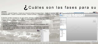 ¿Cuáles                                        son las fases para su
LECCION 1
Introducción – Inicio del Programa – Creación de un Elemento de Masa (Conceptual Mass) – Interfaz de Autodesk Revit
Architecture 2011 – Creando un Elemento de Masa – Creación de Niveles – El Navegador de Proyectos (Project Browser)


El Elemento de Masa Conceptual se usa para generar volúmenes complejos que posteriormente
podemos insertar en nuestro Proyecto. También se pueden usar Elementos de Masa para realizar
                                                                                                                                       aprendizaje                            ?
un estudio volumétrico conceptual de un Proyecto.

•   Interfaz para New conceptual mass:
•   A continuación se explicara a detalle toda la Interfaz de Autodesk Revit Architecture 2011,
    para New conceptual mass.
•   Boton de Inicio. Al seleccionarlo, el programa nos ofrece las opciones para crear un documento
    nuevo, guardar, exportar, publicar e imprimir. También podemos tener acceso rápido a los
    documentos recientes.




                                                                                                               PRESENTACION Y TUTORIA PARA AUTODESK REVIT ARCHITECTURE 2012
 
