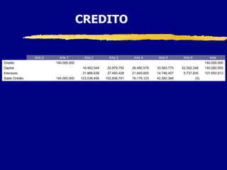 CREDITO


                Año 0     Año 1         Año 2         Año 3        Año 4        Año 5        Año 6           total
Credito                 140.000.000                                                                        140.000.000
Capital                                16.463.544    20.879.755   26.480.578   33.583.775   42.592.348     140.000.000
Intereses                              31.866.638    27.450.428   21.849.605   14.746.407    5.737.835     101.650.913
Saldo Crédito           140.000.000   123.536.456   102.656.701   76.176.123   42.592.348            (0)
 