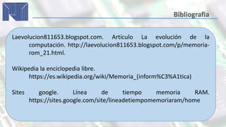 Laevolucion811653.blogspot.com. Artículo La evolución de la
computación. http://laevolucion811653.blogspot.com/p/memoria-
rom_21.html.
Wikipedia la enciclopedia libre.
https://es.wikipedia.org/wiki/Memoria_(inform%C3%A1tica)
Sites google. Línea de tiempo memoria RAM.
https://sites.google.com/site/lineadetiempomemoriaram/home
 