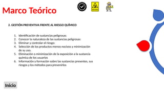 Marco Teórico
Inicio
2. GESTIÓN PREVENTIVA FRENTE AL RIESGO QUÍMICO
1. Identificación de sustancias peligrosas:
2. Conocer la naturaleza de las sustancias peligrosas:
3. Eliminar y controlar el riesgo:
4. Selección de los productos menos nocivos y minimización
de su uso.
5. Eliminación o minimización de la exposición a la sustancia
química de los usuarios
6. Información y formación sobre las sustancias presentes, sus
riesgos y los métodos para prevenirlos
 