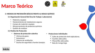 Marco Teórico
Inicio
3. MEDIDAS DE PREVENCIÓN BÁSICAS FRENTE AL RIESGO QUÍMICO
3.1 Organización General Del Área De Trabajo ( Laboratorio)
• Material y equipos
• Mantenimiento de instalaciones seguras
• Compra de material y equipos
• Almacenamiento de productos químicos
• Gestión de residuos
3.2 Medios De Protección
• Sistemas de protección colectiva
 Vitrinas de gases:
 Extractores:
 Sistema de ventilación:
 Duchas de seguridad y fuentes lavaojos:
• Protecciones individuales
 Gafas de protección Anti salpicaduras.
 Guantes adecuados.
 Mascarillas adecuadas.
 Bata de manga larga
 