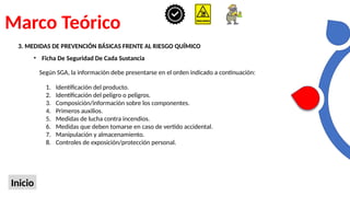 Marco Teórico
Inicio
3. MEDIDAS DE PREVENCIÓN BÁSICAS FRENTE AL RIESGO QUÍMICO
• Ficha De Seguridad De Cada Sustancia
Según SGA, la información debe presentarse en el orden indicado a continuación:
1. Identificación del producto.
2. Identificación del peligro o peligros.
3. Composición/información sobre los componentes.
4. Primeros auxilios.
5. Medidas de lucha contra incendios.
6. Medidas que deben tomarse en caso de vertido accidental.
7. Manipulación y almacenamiento.
8. Controles de exposición/protección personal.
 