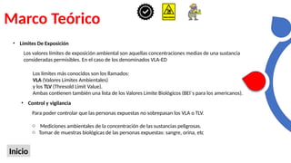 Marco Teórico
Inicio
• Límites De Exposición
Los valores límites de exposición ambiental son aquellas concentraciones medias de una sustancia
consideradas permisibles. En el caso de los denominados VLA-ED
Los límites más conocidos son los llamados:
VLA (Valores Límites Ambientales)
y los TLV (Thresold Limit Value).
Ambas contienen también una lista de los Valores Límite Biológicos (BEI´s para los americanos).
Para poder controlar que las personas expuestas no sobrepasan los VLA o TLV.
o Mediciones ambientales de la concentración de las sustancias peligrosas.
o Tomar de muestras biológicas de las personas expuestas: sangre, orina, etc
• Control y vigilancia
 
