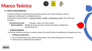 Marco Teórico
Inicio
1.3. RIESGO MEDIOAMBIENTAL
Cuando se difunden y almacenan las sustancias químicas en el medio ambiente, éstas lo
contaminan y disminuyen la calidad del entorno.
La difusión se puede producir a modo de residuo, vertido o emisiones en el aire. De manera que
de lugar a:
•Contaminación local: Del agua, suelos, aire, flora y fauna.
• Efectos globales: Pérdida de la capa de ozono, efecto invernadero, pérdida de la
biodiversidad, etc.
• Sustancia Ecotóxica
Se trata de sustancias químicas o mezclas capaces de producir daños en poblaciones de organismos vivos
 En la contaminación de las cadenas alimentarias y las fuentes de agua para el consumo
 Deterioro de la calidad del aire ambiente.
o El Riesgo De Exposición
 