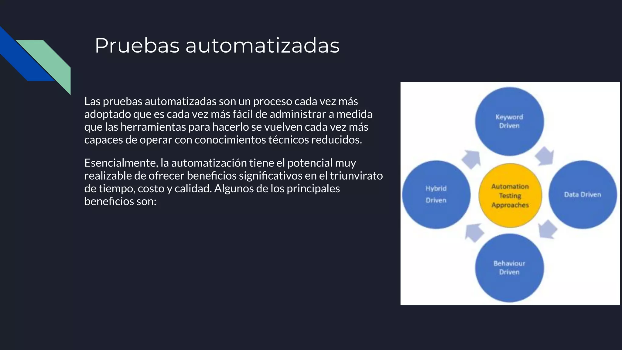 Pruebas automatizadas
Las pruebas automatizadas son un proceso cada vez más
adoptado que es cada vez más fácil de administrar a medida
que las herramientas para hacerlo se vuelven cada vez más
capaces de operar con conocimientos técnicos reducidos.
Esencialmente, la automatización tiene el potencial muy
realizable de ofrecer beneﬁcios signiﬁcativos en el triunvirato
de tiempo, costo y calidad. Algunos de los principales
beneﬁcios son:
 