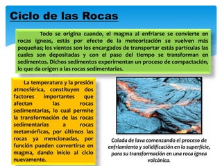 Ciclo de las Rocas
Todo se origina cuando, el magma al enfriarse se convierte en
rocas ígneas, estás por efecto de la meteorización se vuelven más
pequeñas; los vientos son los encargados de transportar estás partículas las
cuales son depositadas y con el paso del tiempo se transforman en
sedimentos. Dichos sedimentos experimentan un proceso de compactación,
lo que da origen a las rocas sedimentarias.
La temperatura y la presión
atmosférica, constituyen dos
factores importantes que
afectan las rocas
sedimentarias, lo cual permite
la transformación de las rocas
sedimentarias a rocas
metamórficas, por últimos las
rocas ya mencionadas, por
función pueden convertirse en
magma, dando inicio al ciclo
nuevamente.
Colada de lava comenzando el proceso de
enfriamiento y solidificación en la superficie,
para su transformación en una roca ígnea
volcánica.
 