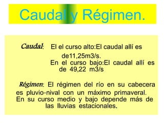 Caudal y Régimen.
 Caudal: El el curso alto:El caudal allí es
              de11,25m3/s.
           En el curso bajo:El caudal allí es
             de 49,22 m3/s

 Régimen: El régimen del río en su cabecera
es pluvio-nival con un máximo primaveral.
En su curso medio y bajo depende más de
          las lluvias estacionales.
 
