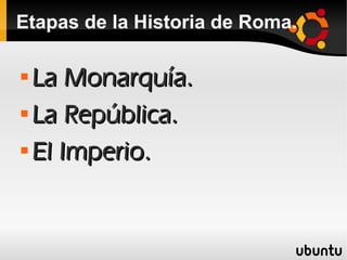 Etapas de la Historia de Roma.

 La Monarquía.
 La República.


 El Imperio.
 