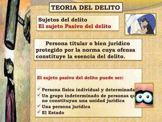 TEORIA DEL DELITO
Sujetos del delito
El sujeto Pasivo del delito
Persona titular o bien jurídico
protegido por la norma cuya ofensa
constituye la esencia del delito.

El sujeto pasivo del delito puede ser:

 Persona física individual y determinada
 Un grupo indeterminado de personas que
no constituyan una unidad jurídica
 Una persona jurídica
 El Estado

 