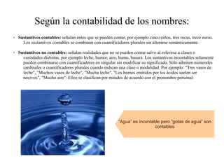 Según la contabilidad de los nombres:
✔   Sustantivos contables: señalan entes que se pueden contar, por ejemplo cinco niños, tres rocas, trece euros.
      Los sustantivos contables se combinan con cuantificadores plurales sin alterarse semánticamente.

✔   Sustantivos no contables: señalan realidades que no se pueden contar salvo al referirse a clases o
      variedades distintas, por ejemplo leche, humor, aire, humo, basura. Los sustantivos incontables solamente
      pueden combinarse con cuantificadores en singular sin modificar su significado. Sólo admiten numerales
      cardinales o cuantificadores plurales cuando indican una clase o modalidad. Por ejemplo: "Tres vasos de
      leche", "Muchos vasos de leche", "Mucha leche", "Los humos emitidos por los ácidos suelen ser
      nocivos", "Mucho aire". Ellos se clasifican por mitades de acuerdo con el pronombre personal.




                                                           “Agua” es incontable pero “gotas de agua” son
                                                                             contables
 