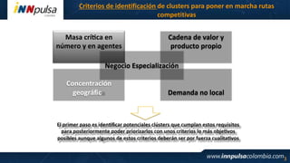 Metodología: Criterios identificación de clusters para para poner
Criterios de de iden ficación de clusters poner en marcha rutas
en marcha rutas compe vas
competitivas
Masa crí ca en
número y en agentes

Cadena de valor y
producto propio

Negocio Especialización
Concentración
geográfic

Demanda no local

El primer paso es iden ficar potenciales clústers que cumplan estos requisitos
para posteriormente poder priorizarlos con unos criterios lo más obje vos
posibles aunque algunos de estos criterios deberán ser por fuerza cualita vos

3

 