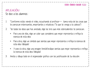 APLICACIÓN 
Se dice a los alumnos : 
COLOR- SÍMBOLO- IMAGEN (C.S.I.) 
1. “Conforme estás viendo el vídeo, escuchando al profesor… toma nota de las cosas que 
te parezcan interesantes, importantes o intuitivas. (“lo que te venga a la cabeza”) 
2. “de todas las ideas que has anotado, elige las tres que más sobresalientes te parezcan.. 
• Para una de ellas, elige un color que consideres que mejor representa o refleja la 
esencia de esta idea. 
• Para otra, elige un símbolo que sientas que mejor representa o refleja la esencia de 
esta idea. (dibújalo) 
• Y para la otra, elige una imagen (metáfora)que sientas que mejor representa o refleja 
la esencia de esta idea. (dibújala) 
3. Anota y dibuja todo en el organizador gráfico con las justificación de tu elección. 
 