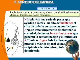 PROPOSITO
Implantar una serie de pasos que ayuden a crear el habito de mantener
el sitio de trabajo en correctas condiciones .

              Implantar una serie de pasos que
              ayuden a crear el habito de mantener el
              sitio de trabajo en correctas condiciones .
              No se trata únicamente de eliminar la
              suciedad, debemos buscar las causas que
              generan la contaminación y eliminarlas:
              Eliminar fugas: lubricantes, agua, etc.,
              puertas o vidrios en mal estado,
              recipientes deteriorados, pintura
              deteriorada

                                                               12
 