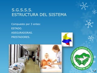 S.G.S.S.S.
ESTRUCTURA DEL SISTEMA
Compuesto por 3 entes:
ESTADO.
ASEGURADORAS.
PRESTADORES.

10

 