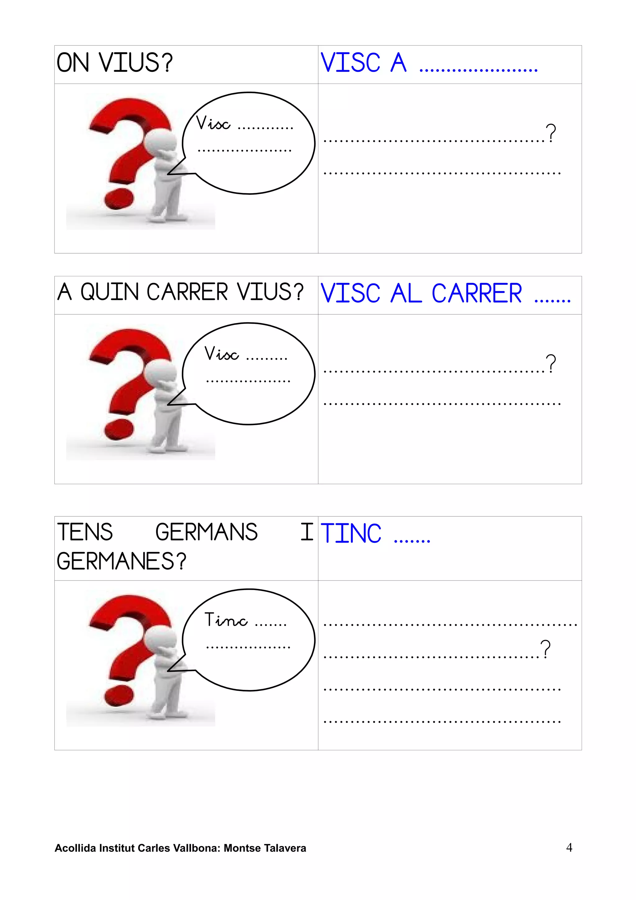 ON VIUS?                                             VISC A ......................

                            Visc ............
                            ....................
                                                     .........................................?
                                                     ............................................




A QUIN CARRER VIUS? VISC AL CARRER .......


                             Visc .........
                             ..................
                                                     .........................................?
                                                     ............................................




TENS                GERMANS                        I TINC .......
GERMANES?

                             Tinc .......            ...............................................
                             ..................
                                                     ........................................?
                                                     ............................................
                                                     ............................................




Acollida Institut Carles Vallbona: Montse Talavera                                                  4
 