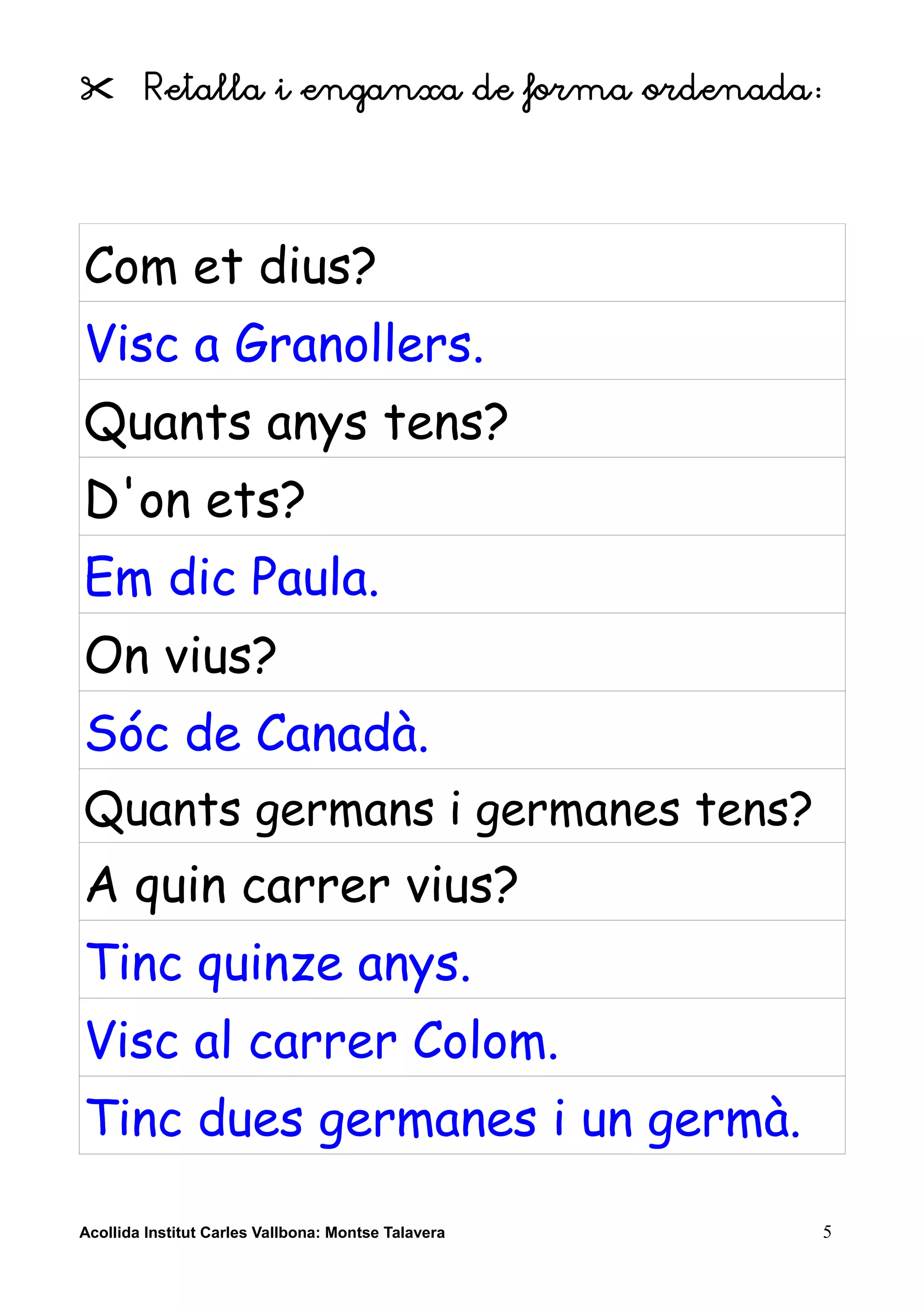         Retalla i enganxa de forma ordenada:




Com et dius?
Visc a Granollers.
Quants anys tens?
D'on ets?
Em dic Paula.
On vius?
Sóc de Canadà.
Quants germans i germanes tens?
A quin carrer vius?
Tinc quinze anys.
Visc al carrer Colom.
Tinc dues germanes i un germà.

Acollida Institut Carles Vallbona: Montse Talavera   5
 
