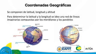 Coordenadas Geográficas
Se componen de latitud, longitud y altitud
Para determinar la latitud y la longitud se ideo una red de líneas
imaginarias compuestas por los meridianos y los paralelos
 