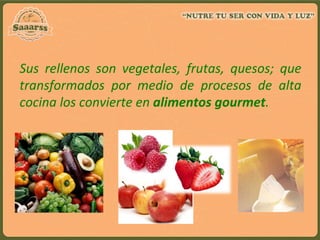 Sus	
   rellenos	
   son	
   vegetales,	
   frutas,	
   quesos;	
   que	
  
transformados	
   por	
   medio	
   de	
   procesos	
   de	
   alta	
  
cocina	
  los	
  convierte	
  en	
  alimentos	
  gourmet.	
  
	
  
 