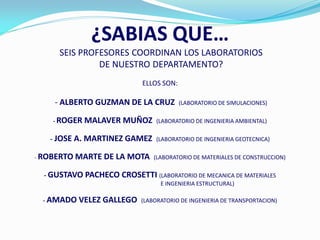 ¿SABIAS QUE…
      SEIS PROFESORES COORDINAN LOS LABORATORIOS
               DE NUESTRO DEPARTAMENTO?
                             ELLOS SON:

     - ALBERTO GUZMAN DE LA CRUZ          (LABORATORIO DE SIMULACIONES)

    - ROGER   MALAVER MUÑOZ       (LABORATORIO DE INGENIERIA AMBIENTAL)

   - JOSE A. MARTINEZ GAMEZ (LABORATORIO DE INGENIERIA GEOTECNICA)

- ROBERTO   MARTE DE LA MOTA     (LABORATORIO DE MATERIALES DE CONSTRUCCION)

  - GUSTAVO PACHECO CROSETTI (LABORATORIO DE MECANICA DE MATERIALES
                                   E INGENIERIA ESTRUCTURAL)

 - AMADO    VELEZ GALLEGO    (LABORATORIO DE INGENIERIA DE TRANSPORTACION)
 