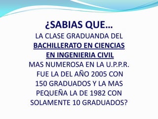 ¿SABIAS QUE…
 LA CLASE GRADUANDA DEL
 BACHILLERATO EN CIENCIAS
    EN INGENIERIA CIVIL
MAS NUMEROSA EN LA U.P.P.R.
  FUE LA DEL AÑO 2005 CON
 150 GRADUADOS Y LA MAS
  PEQUEÑA LA DE 1982 CON
SOLAMENTE 10 GRADUADOS?
 