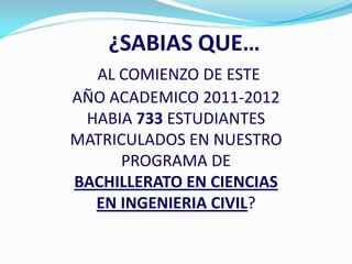 ¿SABIAS QUE…
  AL COMIENZO DE ESTE
AÑO ACADEMICO 2011-2012
 HABIA 733 ESTUDIANTES
MATRICULADOS EN NUESTRO
     PROGRAMA DE
BACHILLERATO EN CIENCIAS
  EN INGENIERIA CIVIL?
 