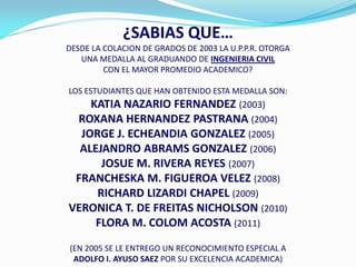 ¿SABIAS QUE…
DESDE LA COLACION DE GRADOS DE 2003 LA U.P.P.R. OTORGA
   UNA MEDALLA AL GRADUANDO DE INGENIERIA CIVIL
         CON EL MAYOR PROMEDIO ACADEMICO?

LOS ESTUDIANTES QUE HAN OBTENIDO ESTA MEDALLA SON:
    KATIA NAZARIO FERNANDEZ (2003)
 ROXANA HERNANDEZ PASTRANA (2004)
  JORGE J. ECHEANDIA GONZALEZ (2005)
  ALEJANDRO ABRAMS GONZALEZ (2006)
      JOSUE M. RIVERA REYES (2007)
 FRANCHESKA M. FIGUEROA VELEZ (2008)
     RICHARD LIZARDI CHAPEL (2009)
VERONICA T. DE FREITAS NICHOLSON (2010)
     FLORA M. COLOM ACOSTA (2011)
(EN 2005 SE LE ENTREGO UN RECONOCIMIENTO ESPECIAL A
 ADOLFO I. AYUSO SAEZ POR SU EXCELENCIA ACADEMICA)
 