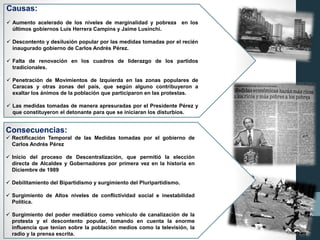 Causas:
 Aumento acelerado de los niveles de marginalidad y pobreza en los
últimos gobiernos Luis Herrera Campins y Jaime Lusinchi.
 Descontento y desilusión popular por las medidas tomadas por el recién
inaugurado gobierno de Carlos Andrés Pérez.
 Falta de renovación en los cuadros de liderazgo de los partidos
tradicionales.
 Penetración de Movimientos de Izquierda en las zonas populares de
Caracas y otras zonas del país, que según alguno contribuyeron a
exaltar los ánimos de la población que participaron en las protestas.
 Las medidas tomadas de manera apresuradas por el Presidente Pérez y
que constituyeron el detonante para que se iniciaran los disturbios.
Consecuencias:
 Rectificación Temporal de las Medidas tomadas por el gobierno de
Carlos Andrés Pérez
 Inicio del proceso de Descentralización, que permitió la elección
directa de Alcaldes y Gobernadores por primera vez en la historia en
Diciembre de 1989
 Debilitamiento del Bipartidismo y surgimiento del Pluripartidismo.
 Surgimiento de Altos niveles de conflictividad social e inestabilidad
Política.
 Surgimiento del poder mediático como vehículo de canalización de la
protesta y el descontento popular, tomando en cuenta la enorme
influencia que tenían sobre la población medios como la televisión, la
radio y la prensa escrita.
 