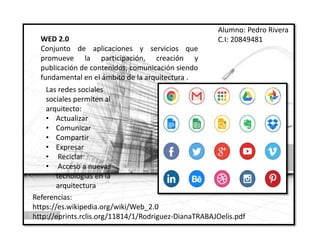 WED 2.0
Conjunto de aplicaciones y servicios que
promueve la participación, creación y
publicación de contenidos, comunicación siendo
fundamental en el ámbito de la arquitectura .
Las redes sociales
sociales permiten al
arquitecto:
• Actualizar
• Comunicar
• Compartir
• Expresar
• Reciclar
• Acceso a nuevas
tecnologías en la
arquitectura
Referencias:
https://es.wikipedia.org/wiki/Web_2.0
http://eprints.rclis.org/11814/1/Rodriguez-DianaTRABAJOelis.pdf
Alumno: Pedro Rivera
C.I: 20849481
 
