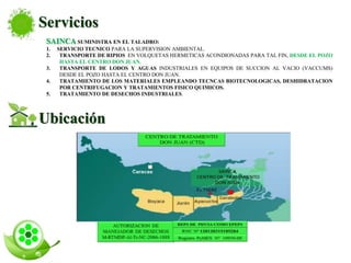 Ubicación
SAINCA SUMINISTRA EN EL TALADRO:
1. SERVICIO TECNICO PARA LA SUPERVISION AMBIENTAL.
2. TRANSPORTE DE RIPIOS EN VOLQUETAS HERMETICAS ACONDIONADAS PARA TAL FIN, DESDE EL POZO
HASTA EL CENTRO DON JUAN.
3. TRANSPORTE DE LODOS Y AGUAS INDUSTRIALES EN EQUIPOS DE SUCCION AL VACIO (VACCUMS)
DESDE EL POZO HASTA EL CENTRO DON JUAN.
4. TRATAMIENTO DE LOS MATERIALES EMPLEANDO TECNCAS BIOTECNOLOGICAS, DESHIDRATACION
POR CENTRIFUGACION Y TRATAMIENTOS FISICO QUIMICOS.
5. TRATAMIENTO DE DESECHOS INDUSTRIALES.
Servicios
 