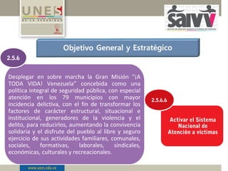 Activar el Sistema
Nacional de
Atención a víctimas
2.5.6.6
Desplegar en sobre marcha la Gran Misión “¡A
TODA VIDA! Venezuela” concebida como una
política integral de seguridad pública, con especial
atención en los 79 municipios con mayor
incidencia delictiva, con el fin de transformar los
factores de carácter estructural, situacional e
institucional, generadores de la violencia y el
delito, para reducirlos, aumentando la convivencia
solidaria y el disfrute del pueblo al libre y seguro
ejercicio de sus actividades familiares, comunales,
sociales, formativas, laborales, sindicales,
económicas, culturales y recreacionales.
2.5.6
 
