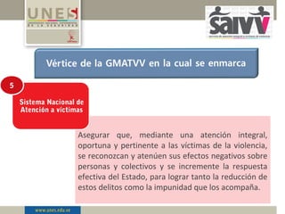 Asegurar que, mediante una atención integral,
oportuna y pertinente a las víctimas de la violencia,
se reconozcan y atenúen sus efectos negativos sobre
personas y colectivos y se incremente la respuesta
efectiva del Estado, para lograr tanto la reducción de
estos delitos como la impunidad que los acompaña.
Sistema Nacional de
Atención a víctimas
5
 