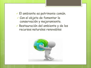  El ambiente es patrimonio común.
 Con el objeto de fomentar la
conservación y mejoramiento.
 Restauración del ambiente y de los
recursos naturales renovables
 