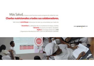 www.gruposamani.com
MásSalud,
Charlasnutricionalesatodossuscolaboradores.
Conozca como funciona nuestro programa de calidad de vida.
MAS SALUD, contribuye al bienestar de todos sus consumidores por medio de:
* Incentiva la calidad de vida en el ambiente de trabajo y familiar.
* Orienta a la práctica de hábitos saludables.
*Aplica la Estratégia Global de la OMS
( Organización Mundial de la Salud ) para una alimentación saludable.
 