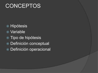 CONCEPTOS
 Hipótesis
 Variable
 Tipo de hipótesis
 Definición conceptual
 Definición operacional
 