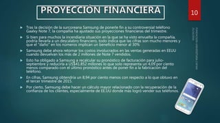  Tras la decisión de la surcoreana Samsung de ponerle fin a su controversial teléfono
Gaalxy Note 7, la compañía ha ajustado sus proyecciones financieras del trimestre.
 Si bien para muchos la incendiaria situación en la que se ha visto envuelta la compañía,
podría llevarla a un descalabro financiero, todo indica que las cifras son mucho menores y
que el "daño" en los números implican un beneficio menor al 30%
 Samsung debe ahora retornar los costos involucrados en las ventas generadas en EEUU
cuando devuelvan los más de 2 millones de Note 7 vendidos.
 Esto ha obligado a Samsung a recalcular su pronóstico de facturación para julio-
septiembre y reducirla a US$41.852 millones lo que solo representa un 4,09 por ciento
menos comparado con el último pronóstico antes de poner fin a la fabricación del
teléfono.
 En cifras, Samsung obtendría un 8,94 por ciento menos con respecto a lo que obtuvo en
el tercer trimestre de 2015.
 Por cierto, Samsung debe hacer un cálculo mayor relacionado con la recuperación de la
confianza de los clientes, especialmente de EE.UU donde más logró vender sus teléfonos.
10
 