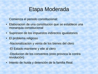 Etapa Moderada
Comienza el periodo constitucional:
● Elaboracion de una constitucion que se establece una
monarquia constitucional
● Supresion de los impuestos indirectos igualatorios
● El problema religioso
-Nacionalizacion y venta de los bienes del clero
-El Estado mantiene y elie al clero
-Disolucion de los conventos (esto provoca la contra
revolución)
● Intento de huida y detención de la familia Real.
 