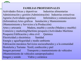 Cartuja Instituto de Educación Secundaria
www.iescartuja.es
FAMILIAS PROFESIONALES
Actividades físicas y deportivas
Industrias alimentarias
Administración y gestión (Administración) Industrias extractivas
Agraria (Actividades agrarias)
Informática y comunicaciones
(Informática) Artes gráficas Instalación y Mantenimiento
(Mantenimiento y Servicios a la Producción)
Artes y artesanía
Madera, mueble y corcho (Madera y mueble)
Comercio y marketingMarítimo pesquera (Actividades Marítimo
Pesquera) Edificación y obra civil Química
Electricidad y electrónica
Sanidad
Energía y aguaSeguridad y medio ambiente
Fabricación mecánica Servicios socioculturales y a la comunidad
Hostelería y Turismo Textil, confección y piel
Imagen personal
Transporte y mantenimiento de vehículos
(Mantenimiento de vehículos autopropulsados)
Imagen y sonido
Vidrio y cerámica

 