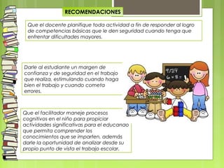 RECOMENDACIONES
Que el docente planifique toda actividad a fin de responder al logro
de competencias básicas que le den seguridad cuando tenga que
enfrentar dificultades mayores.
Darle al estudiante un margen de
confianza y de seguridad en el trabajo
que realiza, estimulando cuando haga
bien el trabajo y cuando cometa
errores.
Que el facilitador maneje procesos
cognitivos en el niño para propiciar
actividades significativas para el educando
que permita comprender los
conocimientos que se imparten, además
darle la oportunidad de analizar desde su
propio punto de vista el trabajo escolar.
 