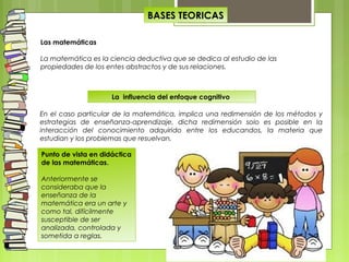 En el caso particular de la matemática, implica una redimensión de los métodos y
estrategias de enseñanza-aprendizaje, dicha redimensión solo es posible en la
interacción del conocimiento adquirido entre los educandos, la materia que
estudian y los problemas que resuelvan.
BASES TEORICAS
Punto de vista en didáctica
de las matemáticas.
Anteriormente se
consideraba que la
enseñanza de la
matemática era un arte y
como tal, difícilmente
susceptible de ser
analizada, controlada y
sometida a reglas.
La influencia del enfoque cognitivo
Las matemáticas
 
La matemática es la ciencia deductiva que se dedica al estudio de las
propiedades de los entes abstractos y de sus relaciones.
 