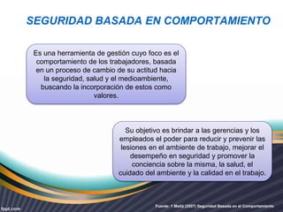SEGURIDAD BASADA EN COMPORTAMIENTO 
Es una herramienta de gestión cuyo foco es el 
comportamiento de los trabajadores, basada 
en un proceso de cambio de su actitud hacia 
la seguridad, salud y el medioambiente, 
buscando la incorporación de estos como 
valores. 
Su objetivo es brindar a las gerencias y los 
empleados el poder para reducir y prevenir las 
lesiones en el ambiente de trabajo, mejorar el 
desempeño en seguridad y promover la 
conciencia sobre la misma, la salud, el 
cuidado del ambiente y la calidad en el trabajo. 
Fuente: 1 Meliá (2007) Seguridad Basada en el Comportamiento 
 