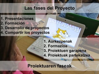 1. Presentaciones
2. Formación
3. Desarrollo de proyectos
4. Compartir los proyectos
Las fases del Proyecto
Proiektuaren faseak
1. Aurkezpenak
2. Formazioa
3. Proiektuen garapena
4. Proiektuak partekatzea
 