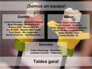 ¡Somos un equipo!
Taldea gara!
Bilbao
Josu Garro - Urdaneta
Inazio Uriguen - Urnadeta
Pablo Garaizar - Catedra Telefónica
Borja del Río - Lauro Ikastola
Oskia Álvarez - Isuri
Txente Boraita - IE
Gasteiz
Josemi Nanclares - Abendaño Ikastola
Mirari Recalde - Mendialdea IPI
Susana Díaz - Mendialdea IPI
Jon Bustillo - Magisteritza Eskola
Txus Serna - Berritzeguneak
Ibone Amorrortu - Berritzeguneak
Donostia
Koldo Olaskoaga - lRobotikas
Josianito Llorente - Tabakalera
 