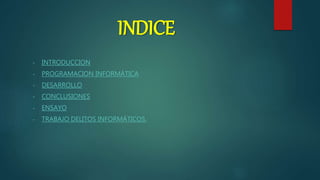 INDICE
- INTRODUCCION
- PROGRAMACION INFORMÁTICA
- DESARROLLO
- CONCLUSIONES
- ENSAYO
- TRABAJO DELITOS INFORMÁTICOS.
 